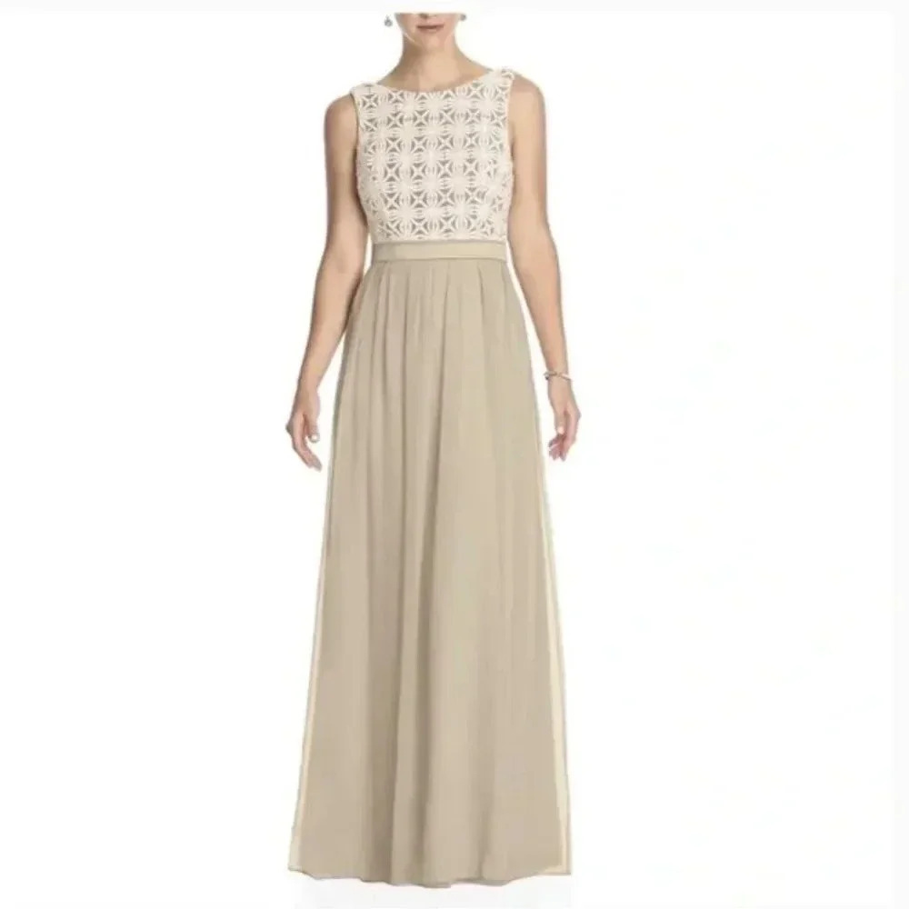 Lela Rose Maxi Dress Crochet Bodice Sleeveless Long Crinkle Chiffon Beige Size 6